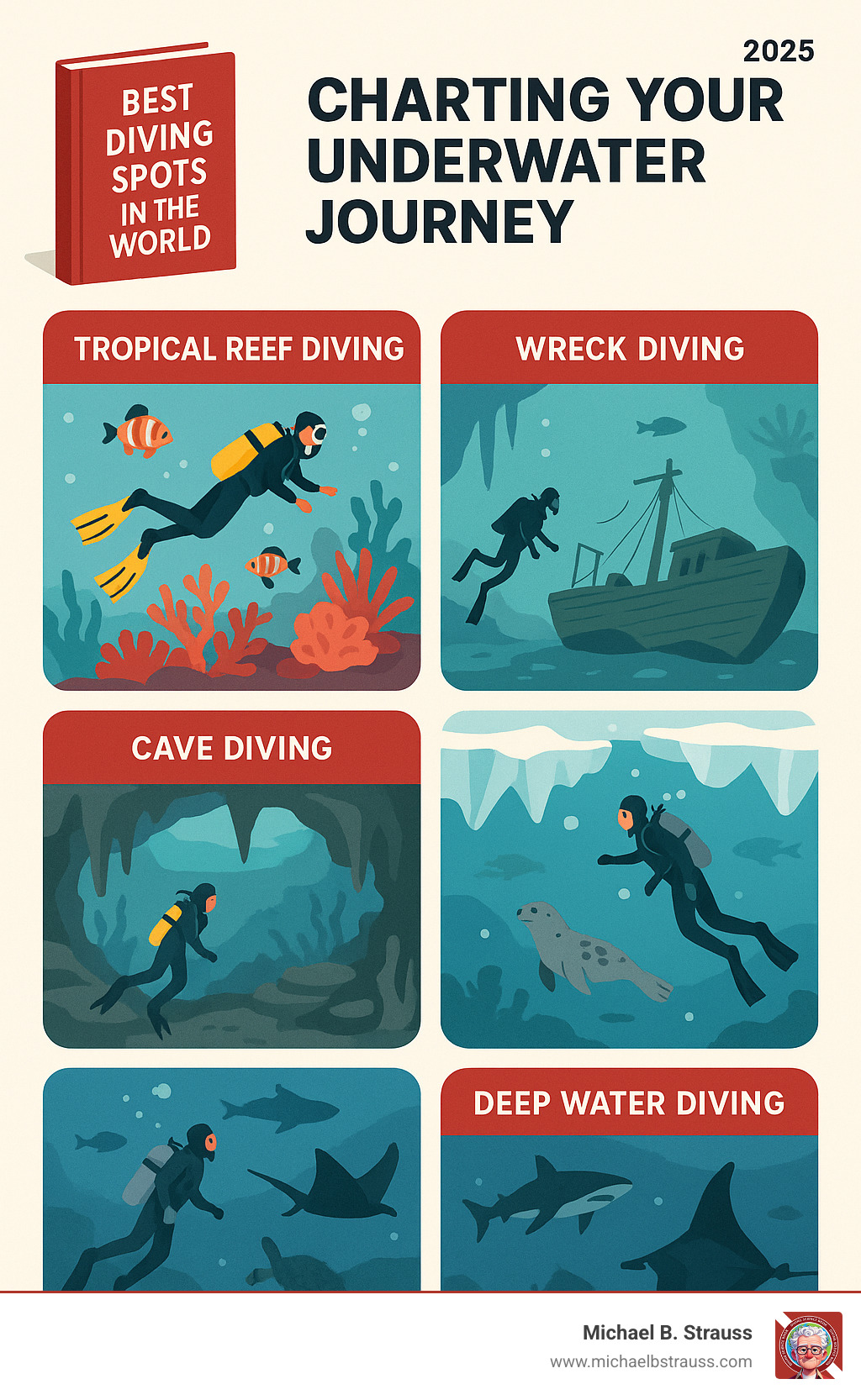Infographic showing different types of diving environments covered in popular guidebooks: tropical reef diving with colorful fish and coral, wreck diving with sunken ships, cave diving in cenotes with stalactites, ice diving in polar regions with seals, and deep water diving with large pelagic species like sharks and manta rays - best diving spots in the world book infographic 