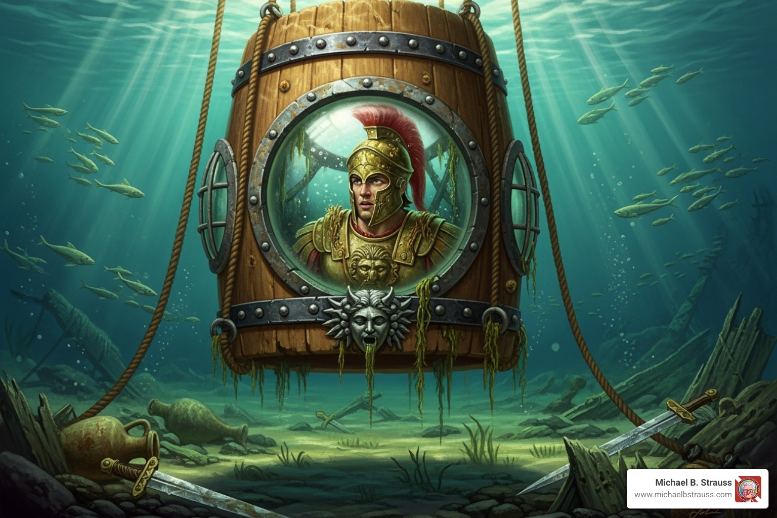 artistic rendering of Alexander the Great in a primitive diving bell - History of scuba diving
