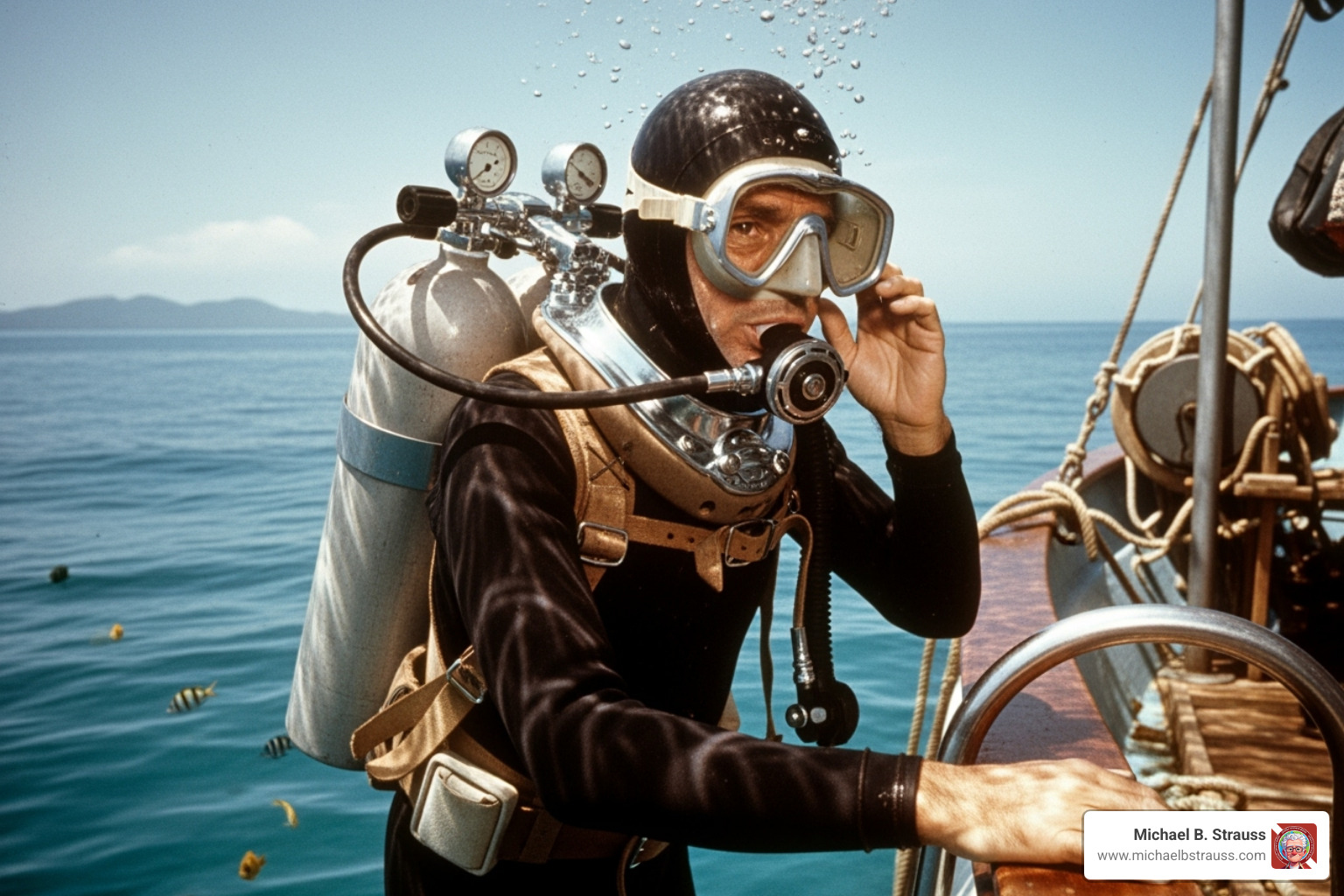 Jacques-Yves Cousteau with an early Aqua-Lung unit - History of scuba diving