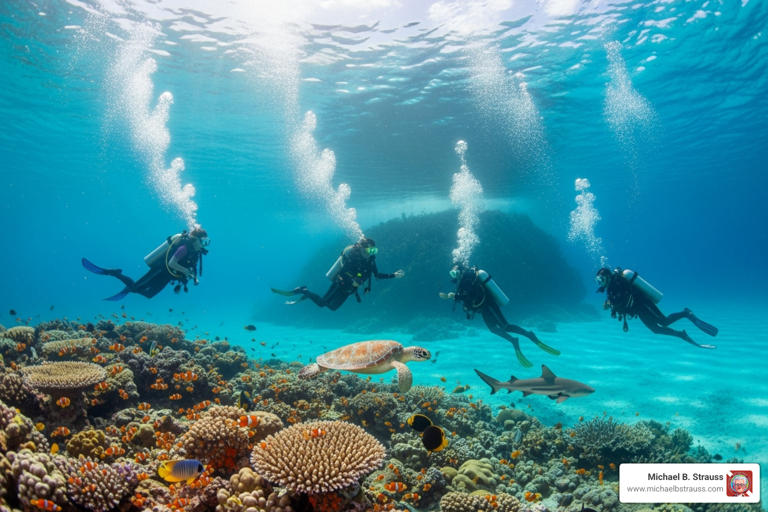 divers in clear blue water at Hon Mun Island, with the sun shining brightly - nha trang diving season