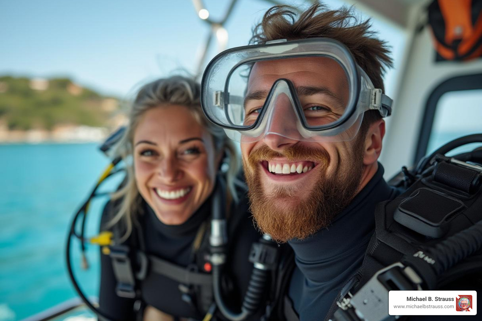 Image of a happy couple in scuba gear on a Sandals dive boat - sandals scuba diving medical form