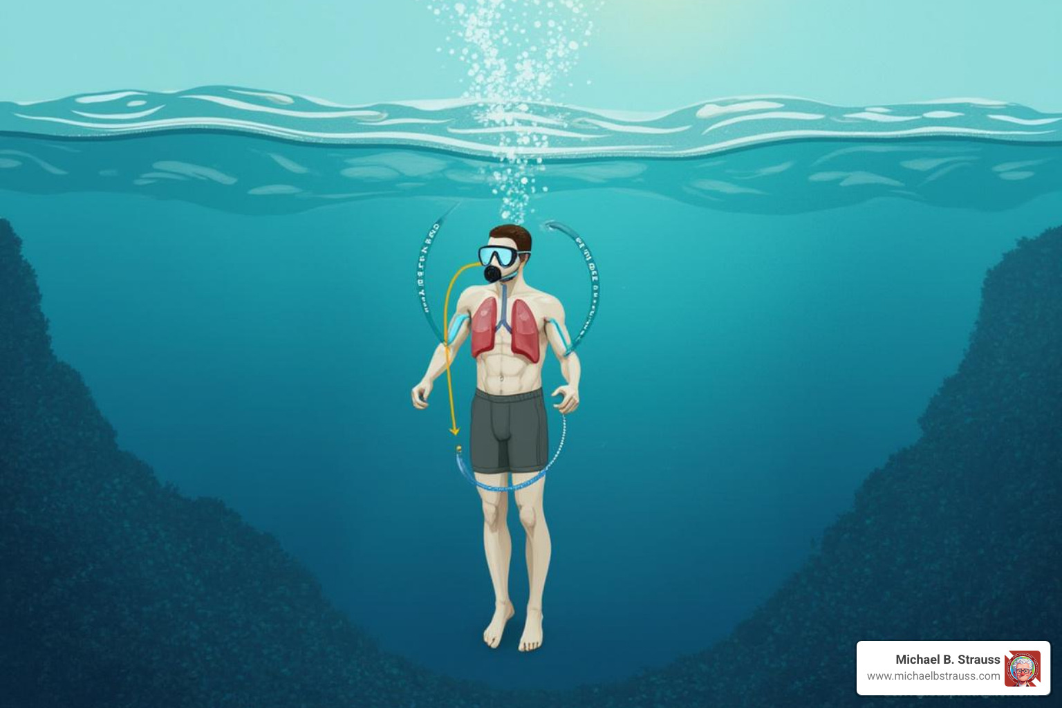 diagram illustrating Boyle's Law with lung expansion during a diver's ascent - which gas law best explains diving medical problems