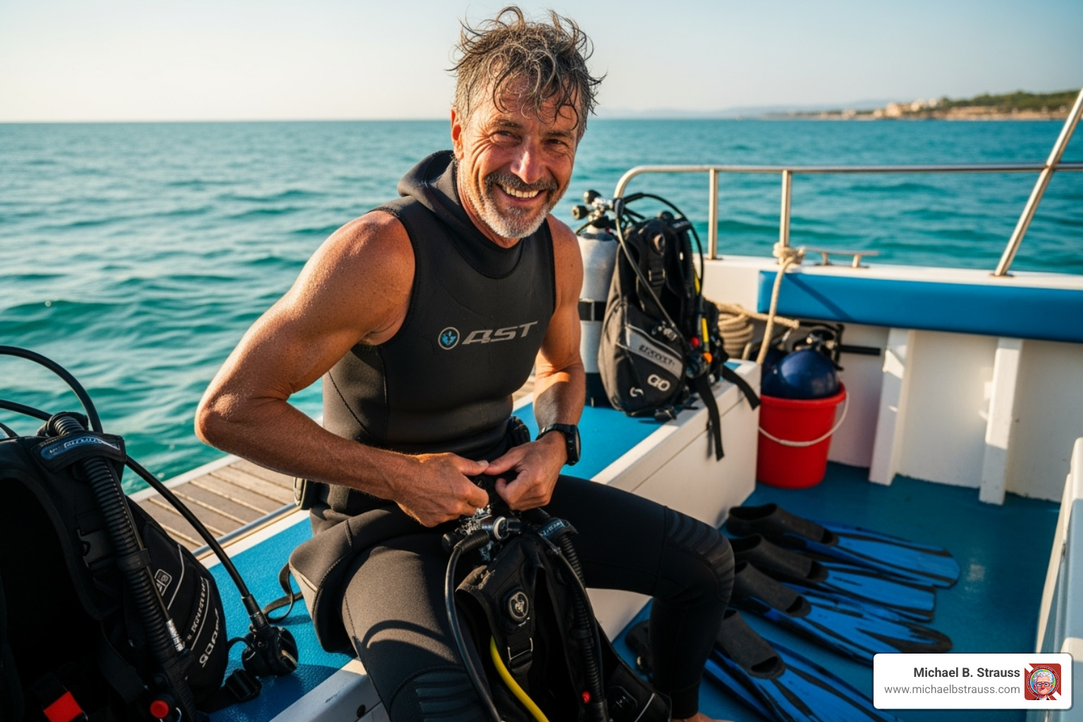 An older, fit diver preparing their equipment on a boat, smiling - medically fit for diving