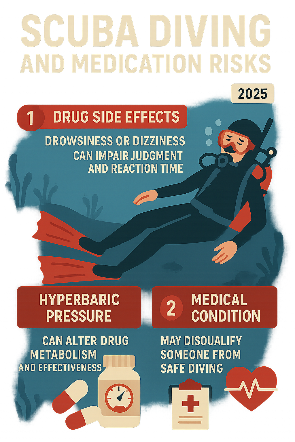 Comprehensive infographic showing the three main medication risks for scuba divers: 1) Drug side effects like drowsiness and dizziness can impair judgment and reaction time underwater, 2) Hyperbaric pressure conditions can alter drug metabolism and effectiveness compared to surface use, 3) The underlying medical condition requiring medication may itself disqualify someone from safe diving activities - scuba diving and medications infographic 