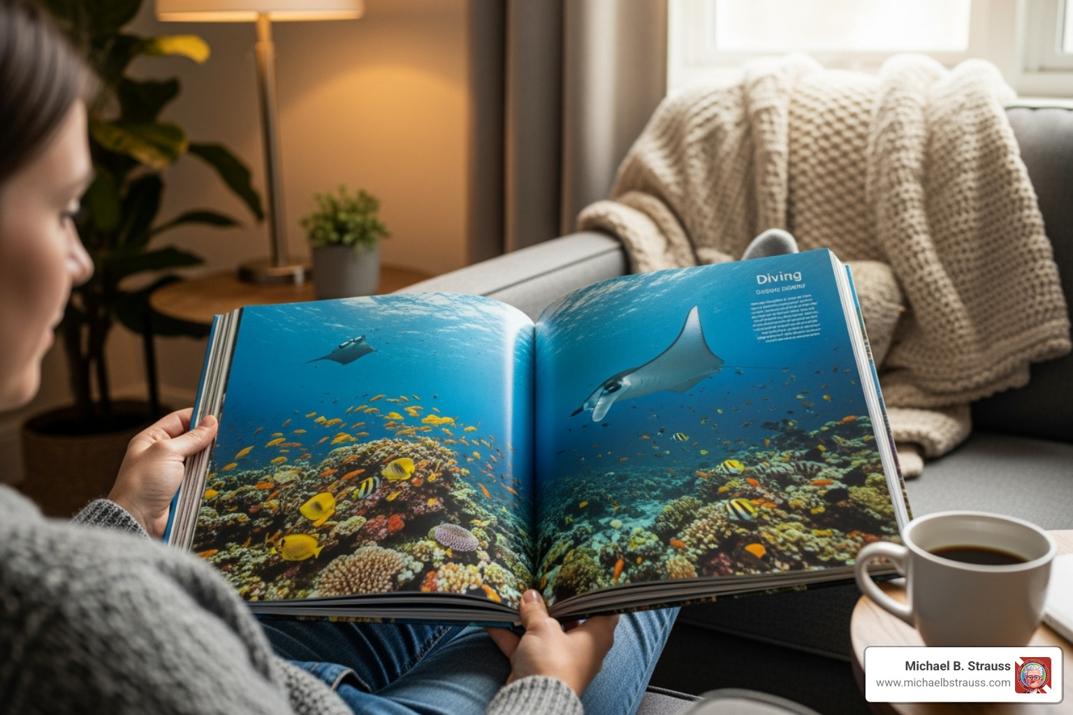 person browsing a diving book - diving coffee table book