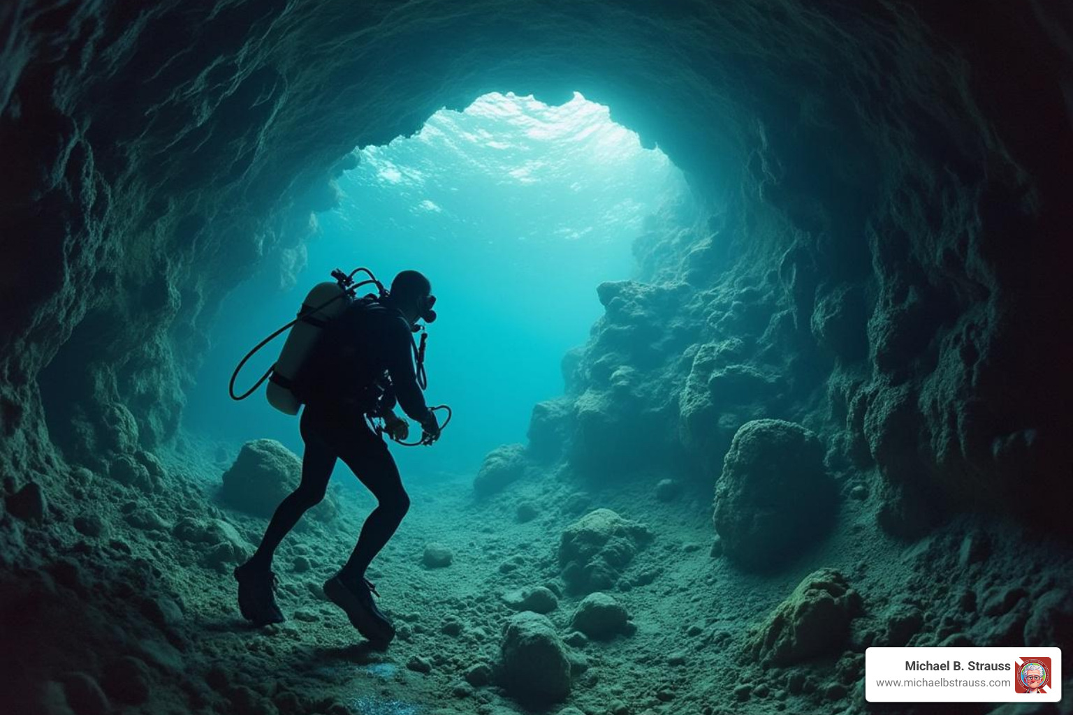 diver with specialized cave diving gear - diving coffee table book