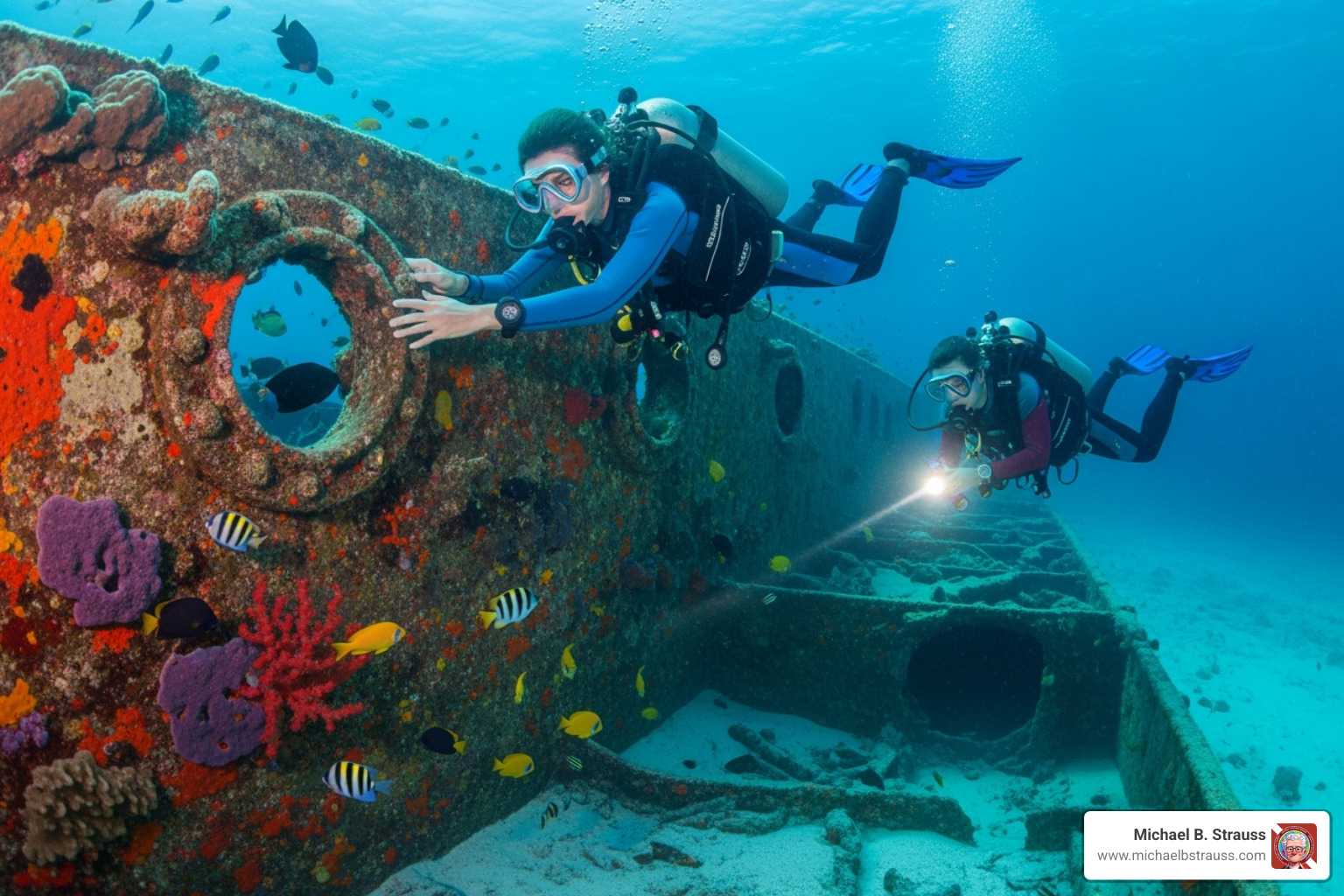 Two divers safely exploring the exterior of a shipwreck - Advanced scuba diving tips