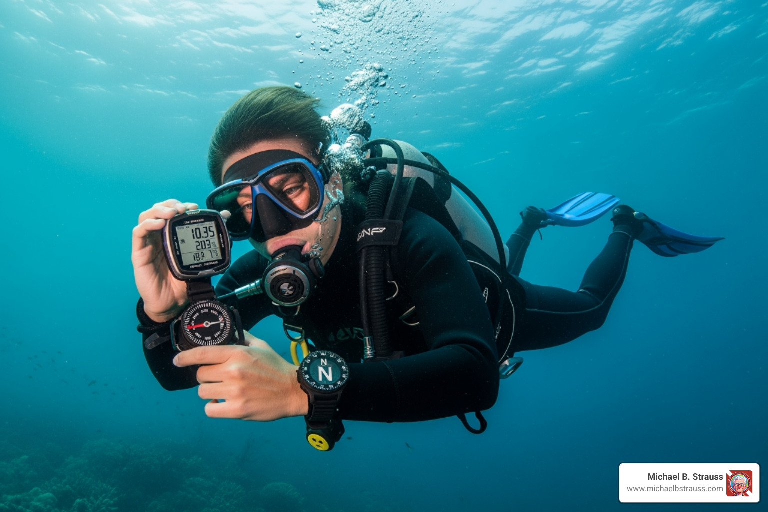 Diver checking their dive computer and compass - Advanced scuba diving tips