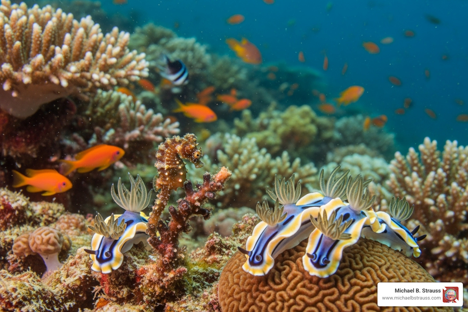 Close-up of colorful macro marine life such as nudibranchs, seahorses, and vibrant coral gardens. - hue vietnam scuba diving
