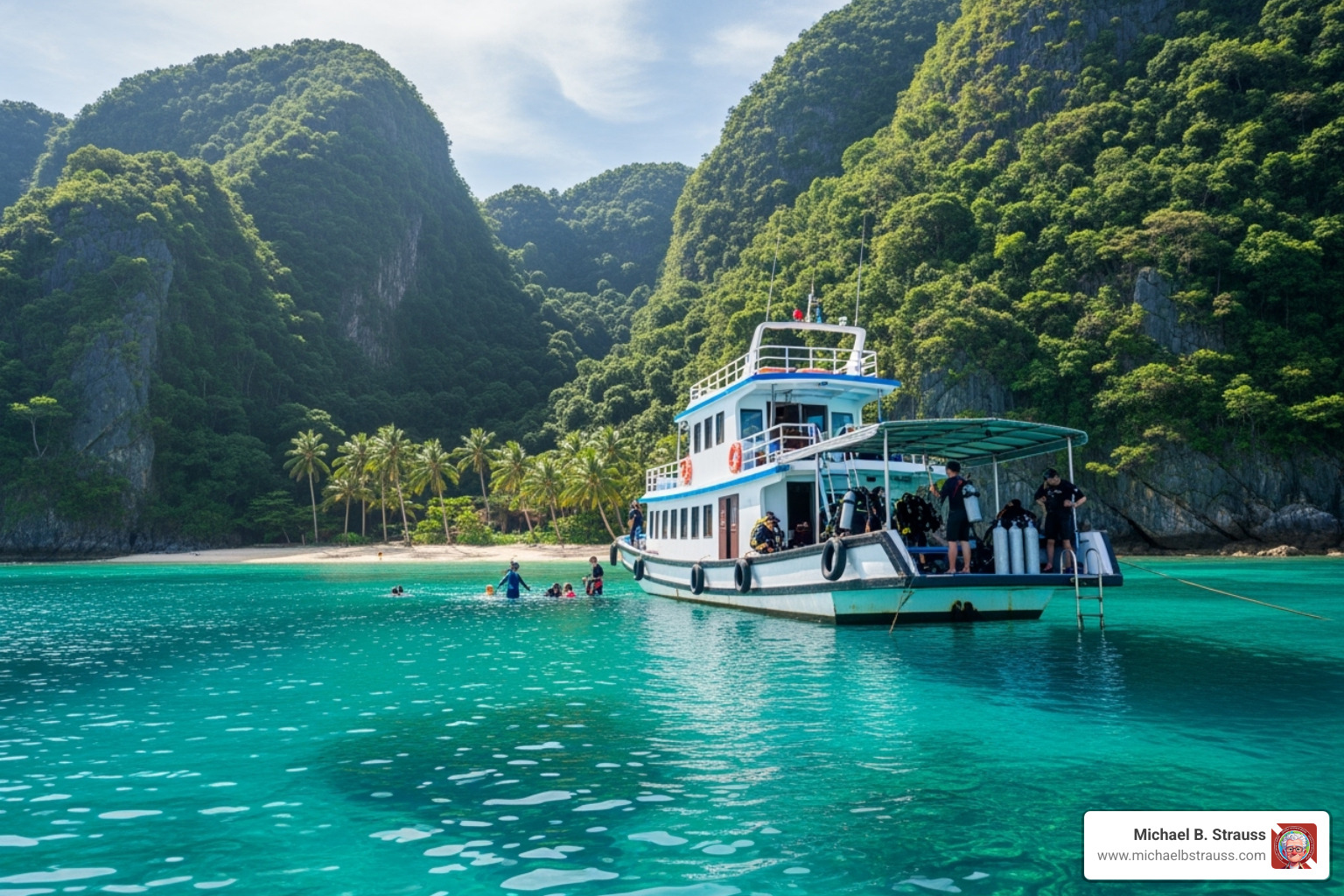 Dive boat anchored off a scenic Central Vietnam island, with clear blue water and lush green hills. - hue vietnam scuba diving