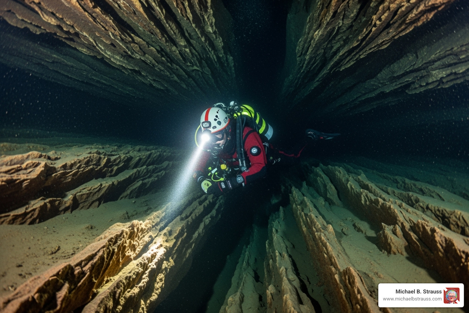 cave diver navigating a narrow dark passage - Top scuba diving books
