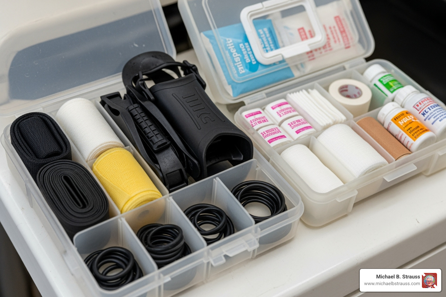A close-up of a "save-a-dive" kit and a well-organized first-aid kit, showcasing essential tools and medical supplies - Dive planning checklist