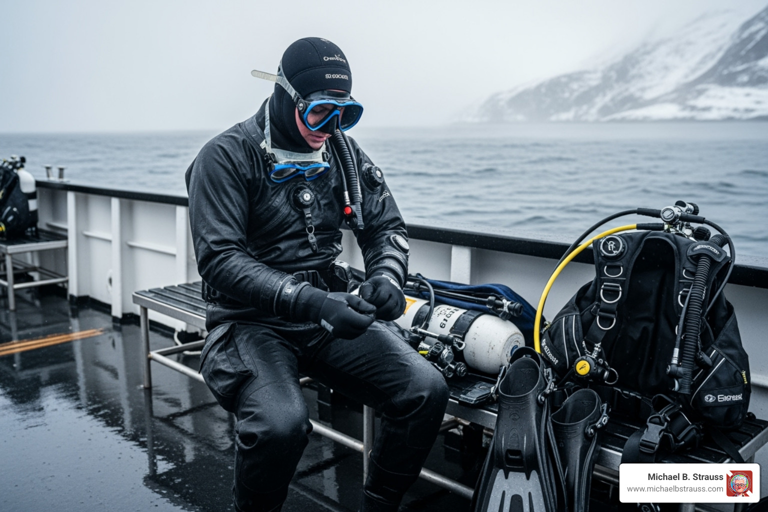 A diver preparing for a cold-water dive, showing specialized gear like a drysuit and thick gloves - Dive planning checklist