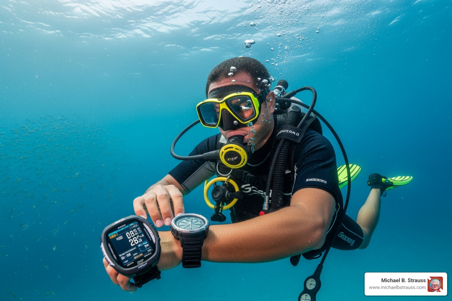diver checking dive computer - avoiding decompression sickness