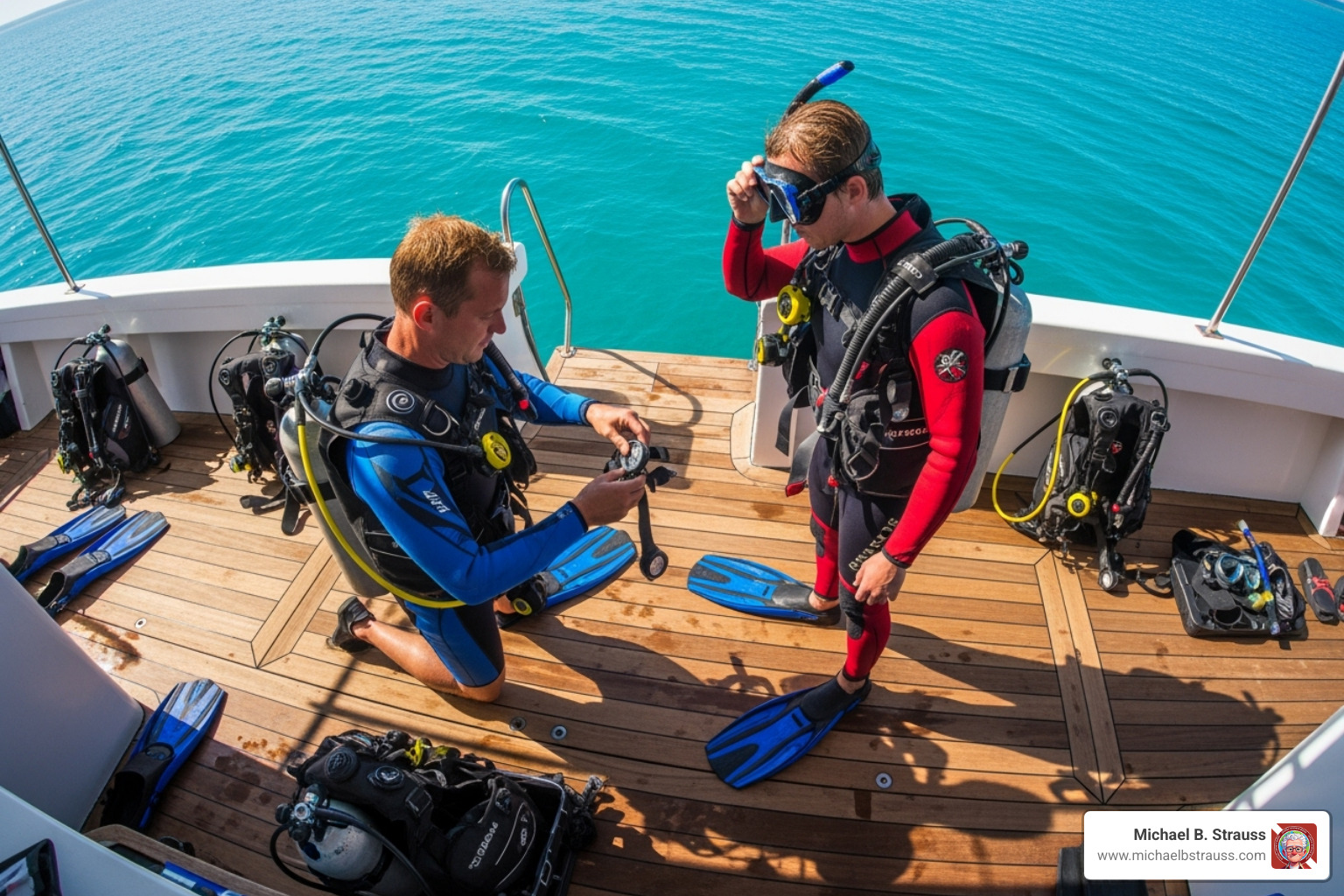 of a diver performing a pre-dive buddy check on their equipment - diving health and safety