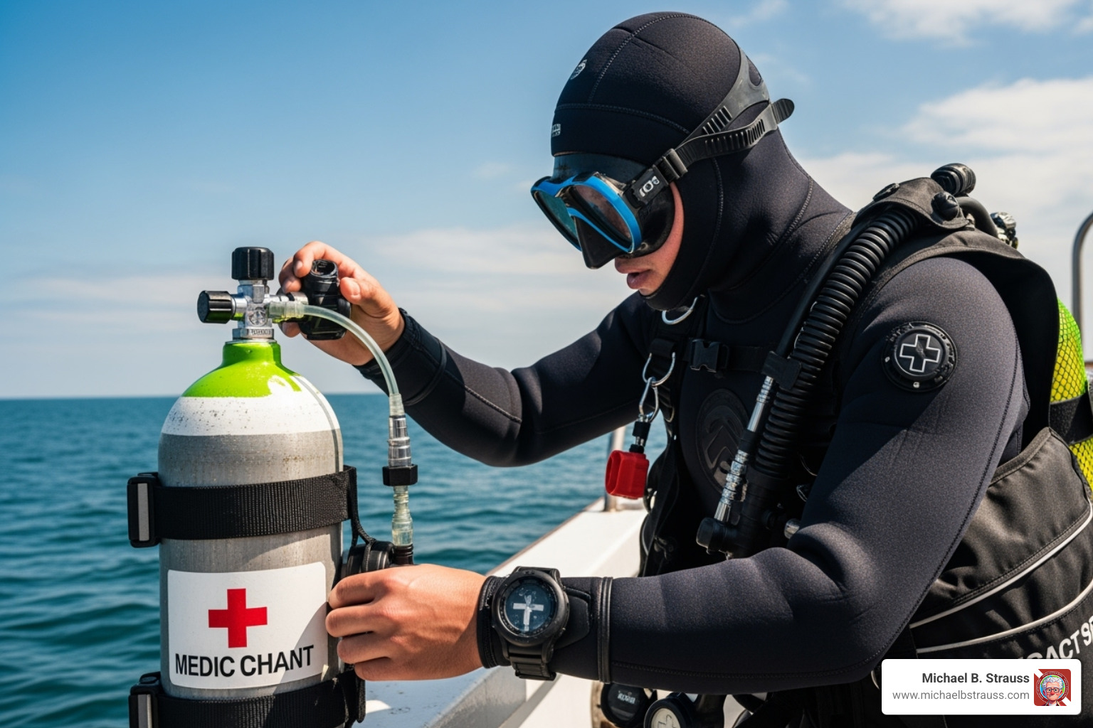 Diver inspecting their emergency oxygen kit before a dive - Dive accident management