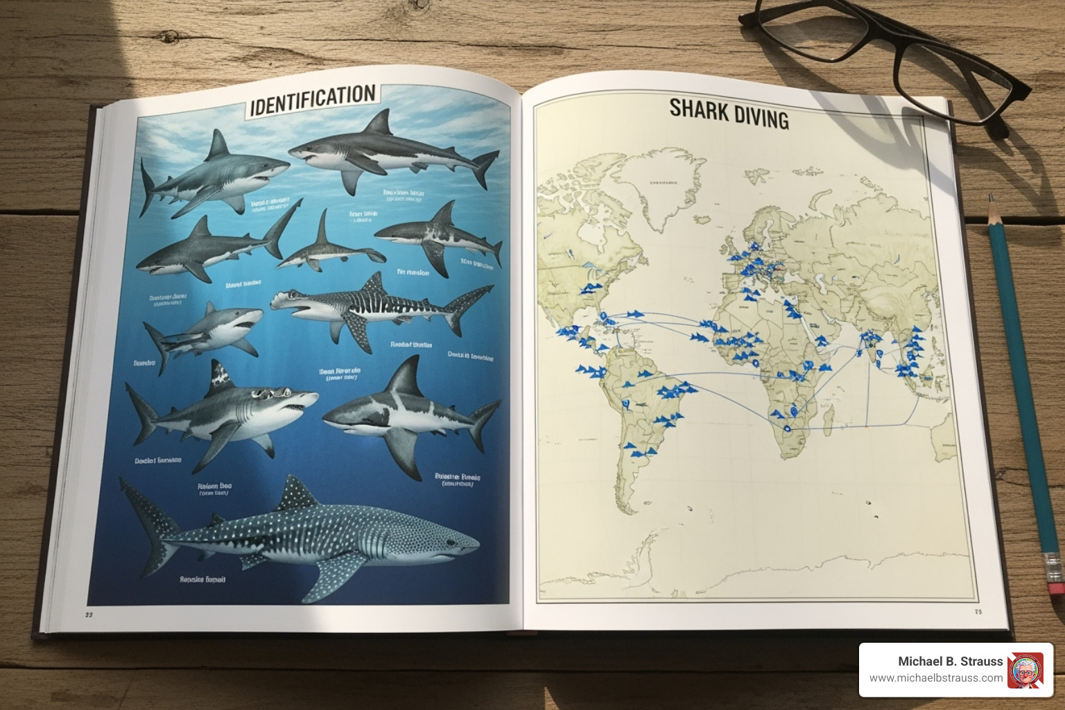 open book displaying shark identification charts and diving locations - diving with sharks book
