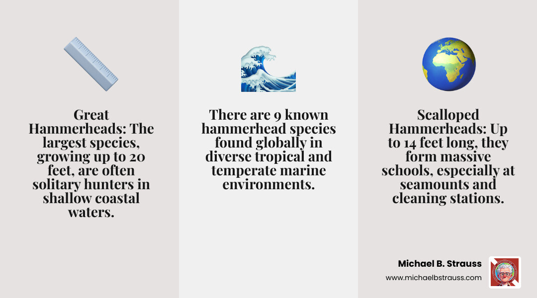 Infographic showing the 9 species of hammerhead sharks with size comparisons, highlighting Great Hammerhead (up to 20 feet, solitary behavior, found in shallow waters) and Scalloped Hammerhead (up to 14 feet, forms massive schools, prefers seamounts and cleaning stations), plus distribution maps showing tropical and temperate waters worldwide - Diving with hammerhead sharks infographic 3_facts_emoji_grey