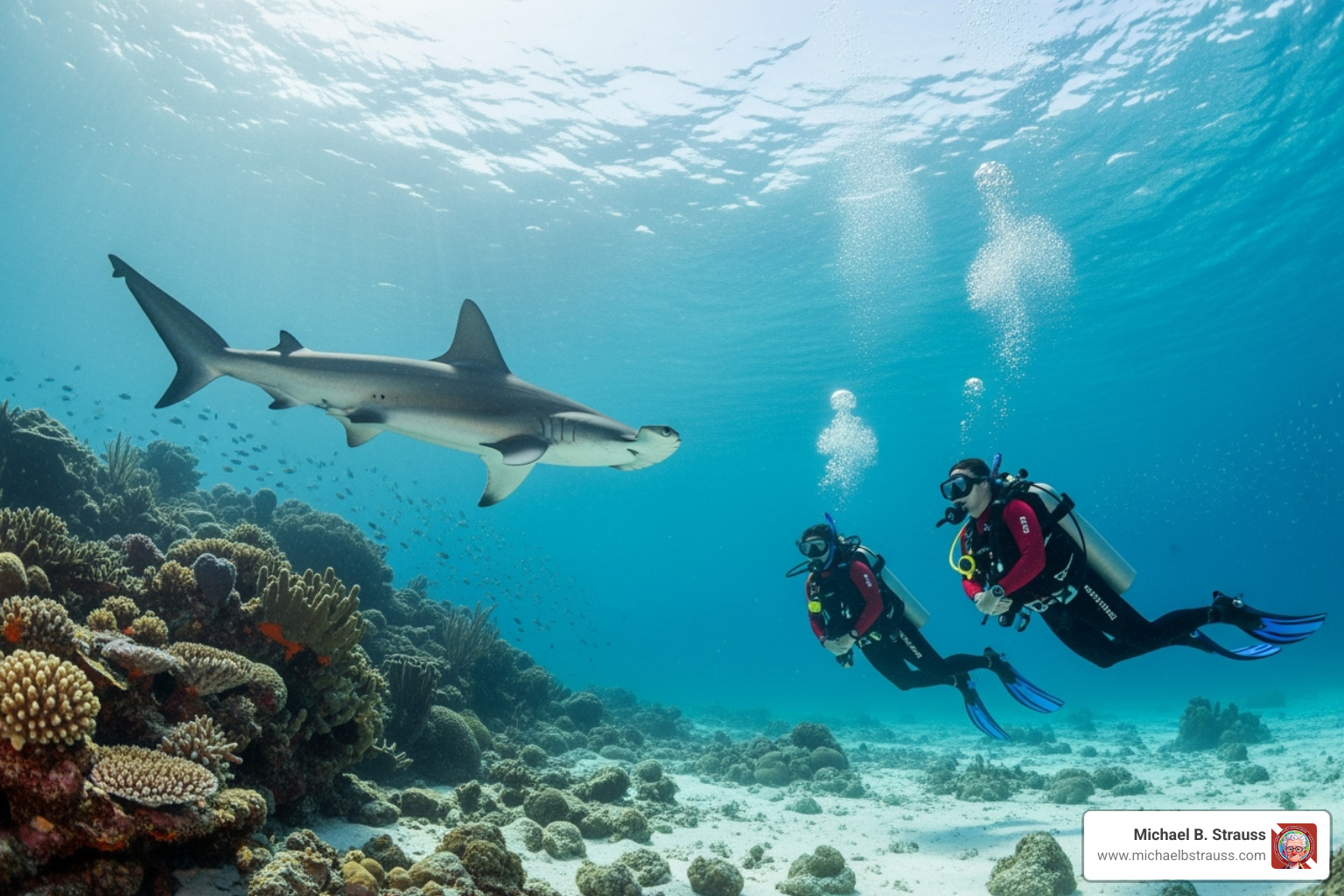 divers calmly observing a hammerhead from a safe distance - Diving with hammerhead sharks