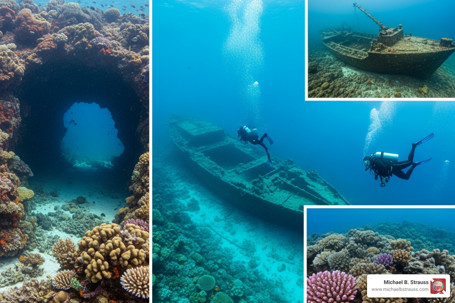 Illustrative image showing different types of dive sites: reef, wreck, drift, and cavern diving - best dive sites in vietnam