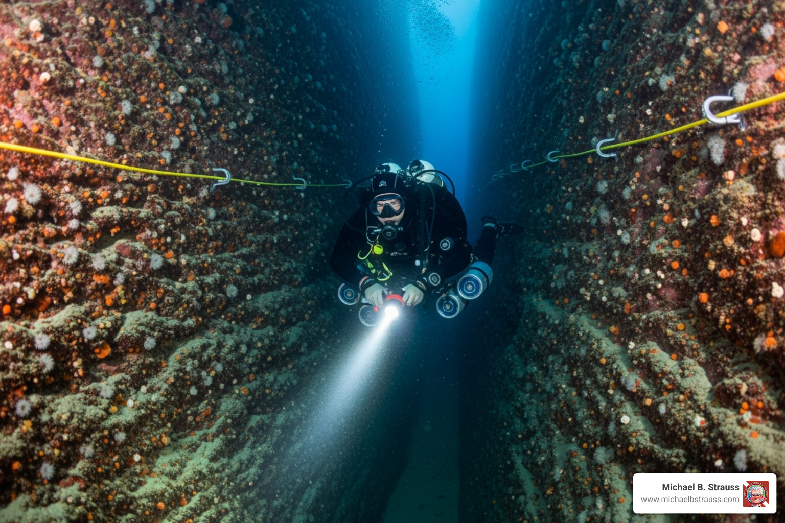 A diver navigating a narrow underwater passage with a guideline. - best books on cave diving