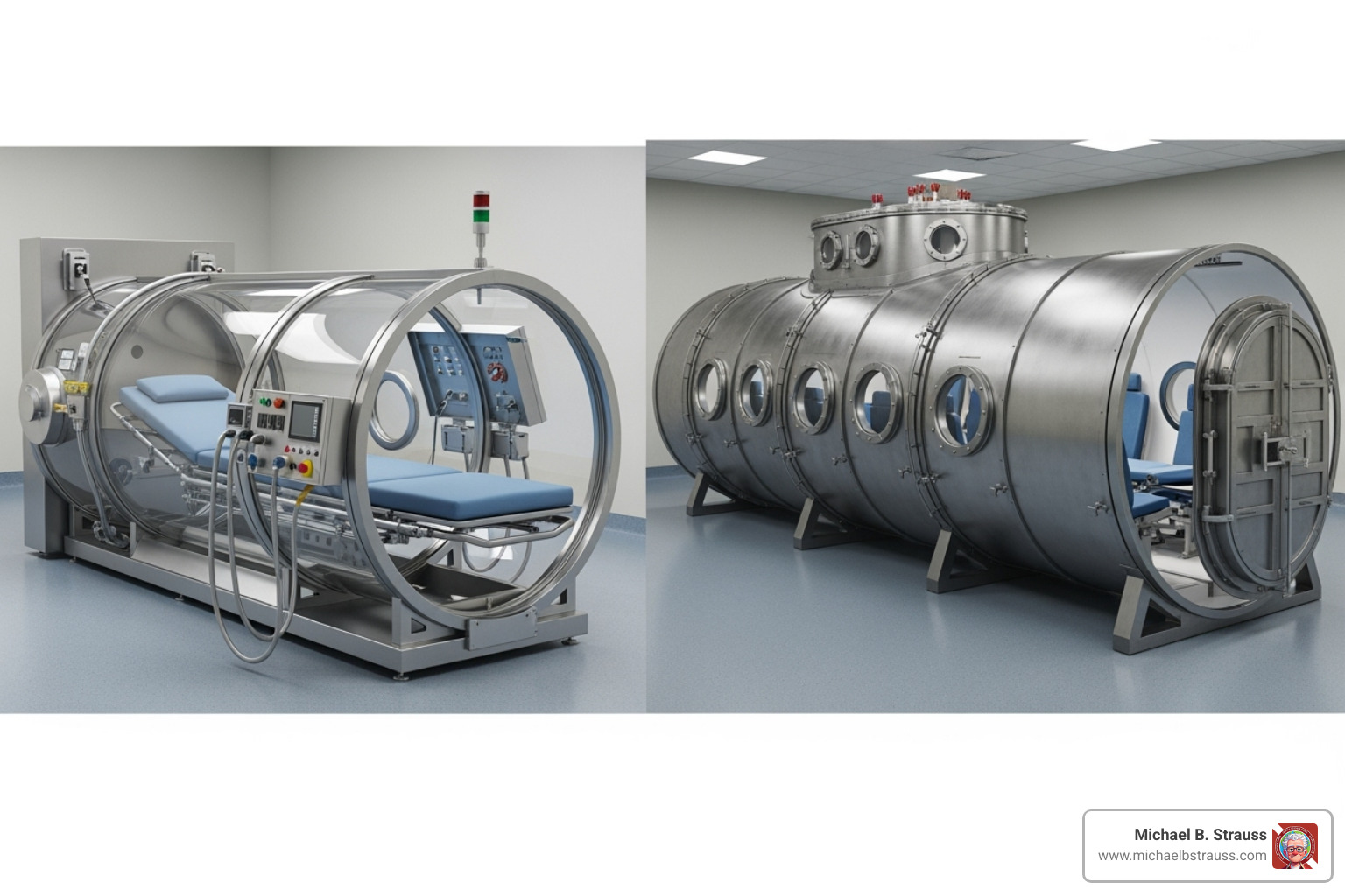 side-by-side comparison of a single-person monoplace chamber and a larger multiplace chamber - Hyperbaric treatment for divers