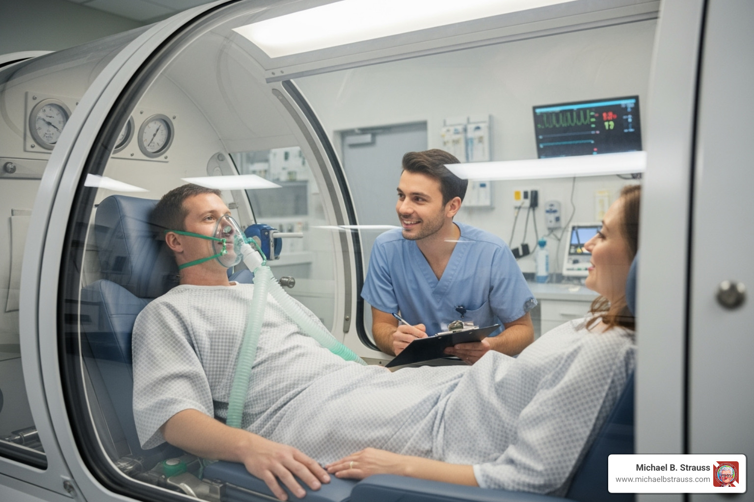 patient relaxing inside a chamber while communicating with a technician outside - Hyperbaric treatment for divers
