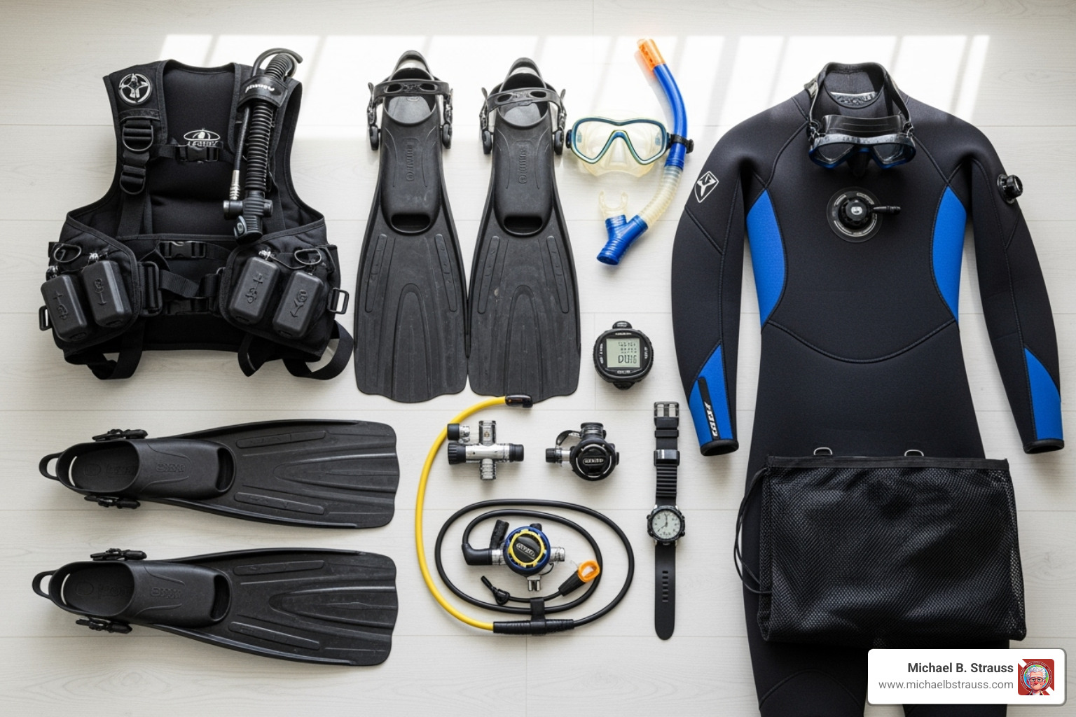 a full set of beginner scuba gear laid out - beginner scuba diving guide