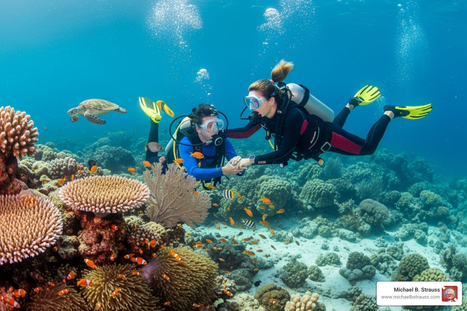 a dive instructor guiding a beginner diver underwater - beginner scuba diving guide