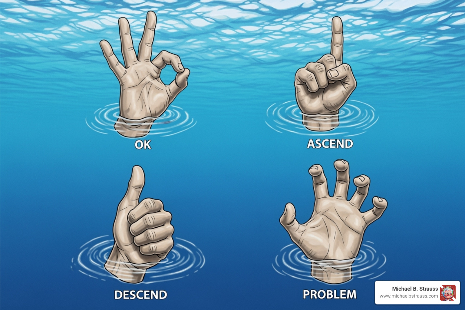 illustration of common underwater hand signals for OK, ascend, descend, and problem - beginner scuba diving guide