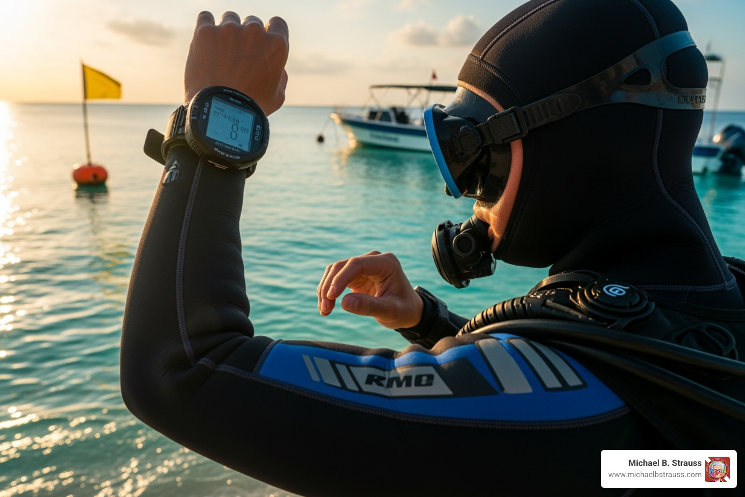 A diver checking their dive computer before entering the water, emphasizing proper dive planning - decompression injury treatment