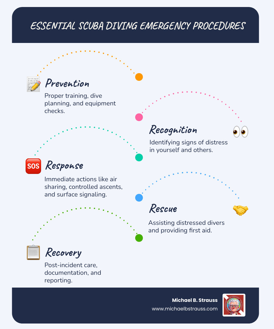 Comprehensive infographic showing the top causes of scuba diving accidents including panic and stress factors, cardiovascular problems, equipment failures, mess scenarios, out-of-air situations, uncontrolled ascents, and decompression sickness, with prevention strategies for each - scuba diving emergency procedures infographic infographic-line-5-steps-blues-accent_colors