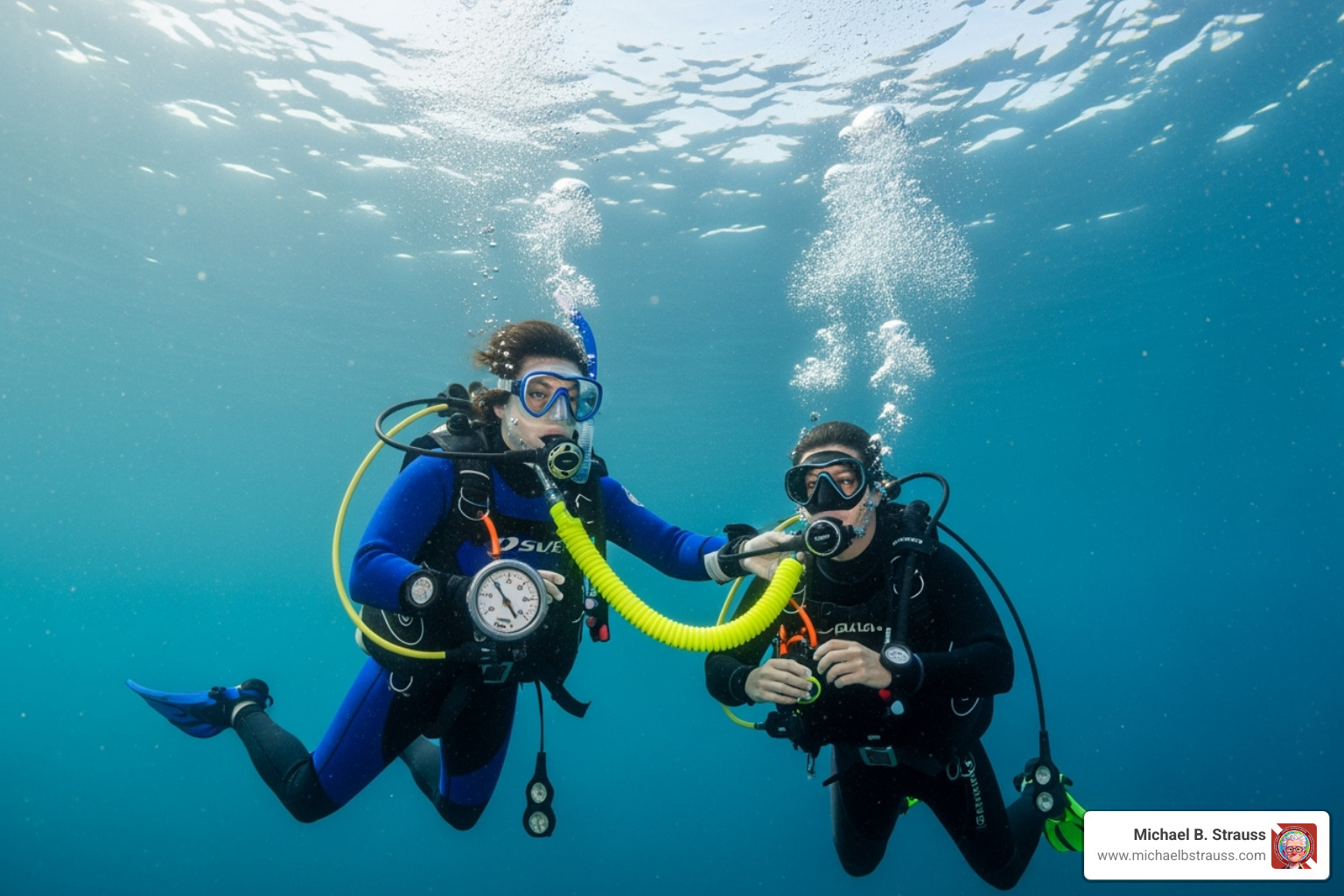 a diver practicing an alternate air source ascent with a buddy - scuba diving emergency procedures
