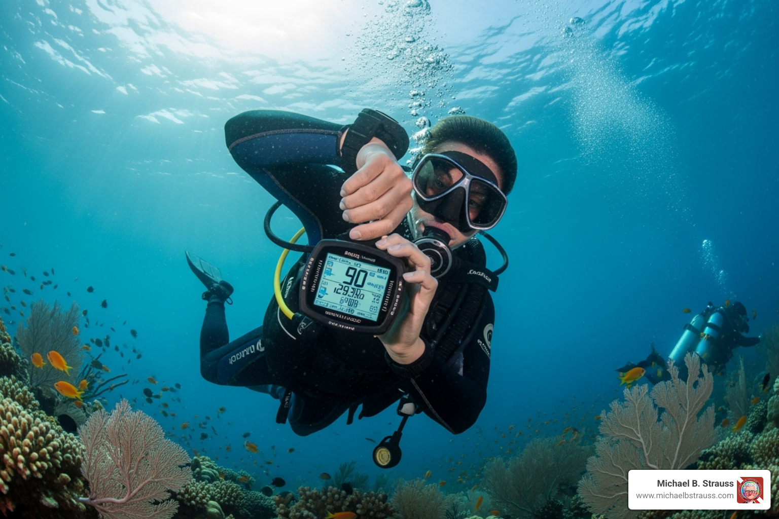a diver monitoring their dive computer - scuba diving emergency procedures