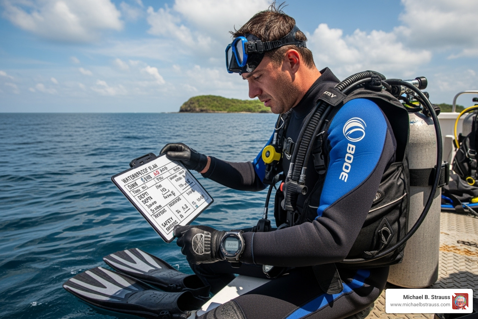a diver reviewing a dive plan on a boat slate - scuba diving emergency procedures