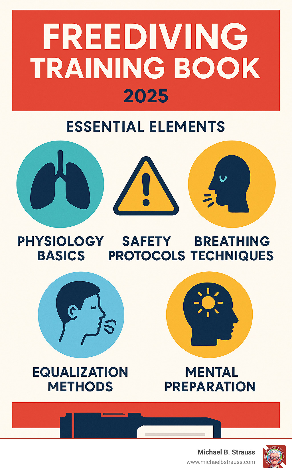 Infographic showing essential elements of freediving training books including physiology basics, safety protocols, breathing techniques, equalization methods, and mental preparation strategies - Freediving training book infographic 