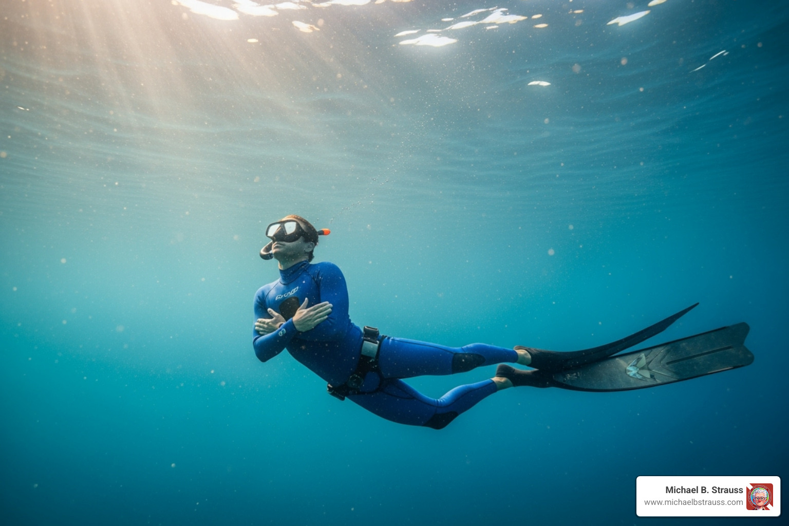Freediver in a serene underwater pose, emphasizing the mental aspect - Freediving training book
