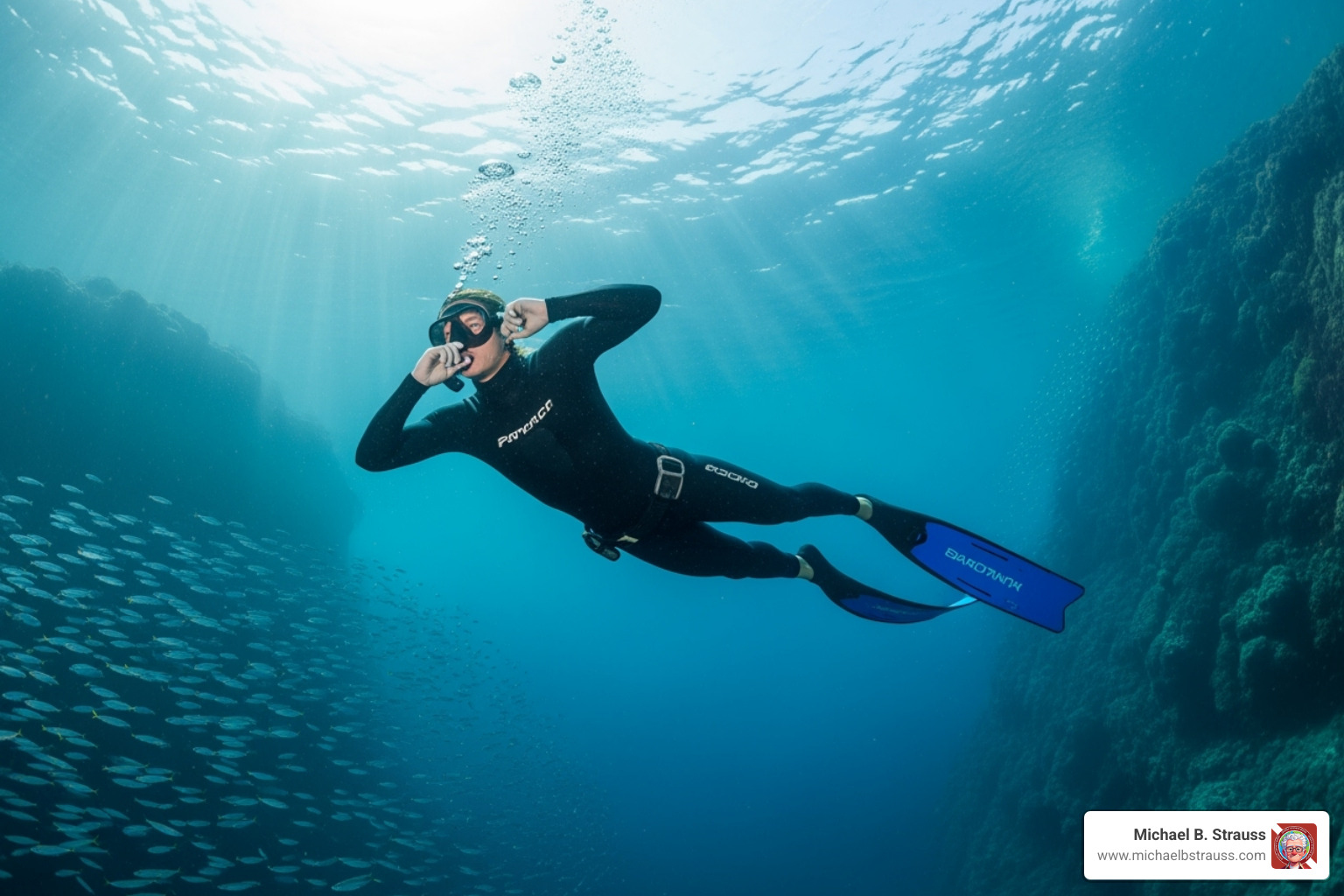 Advanced freediver using a monofin and performing deep equalization - Freediving training book