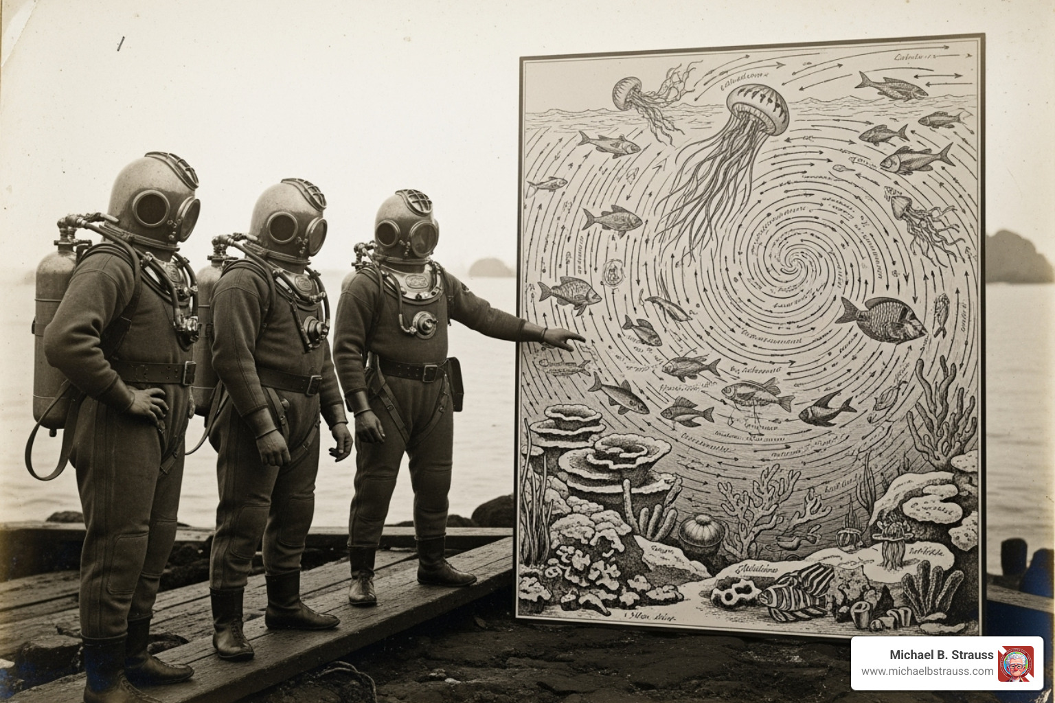 Vintage photo of early divers and scientific illustration of the ocean - Freediving training book