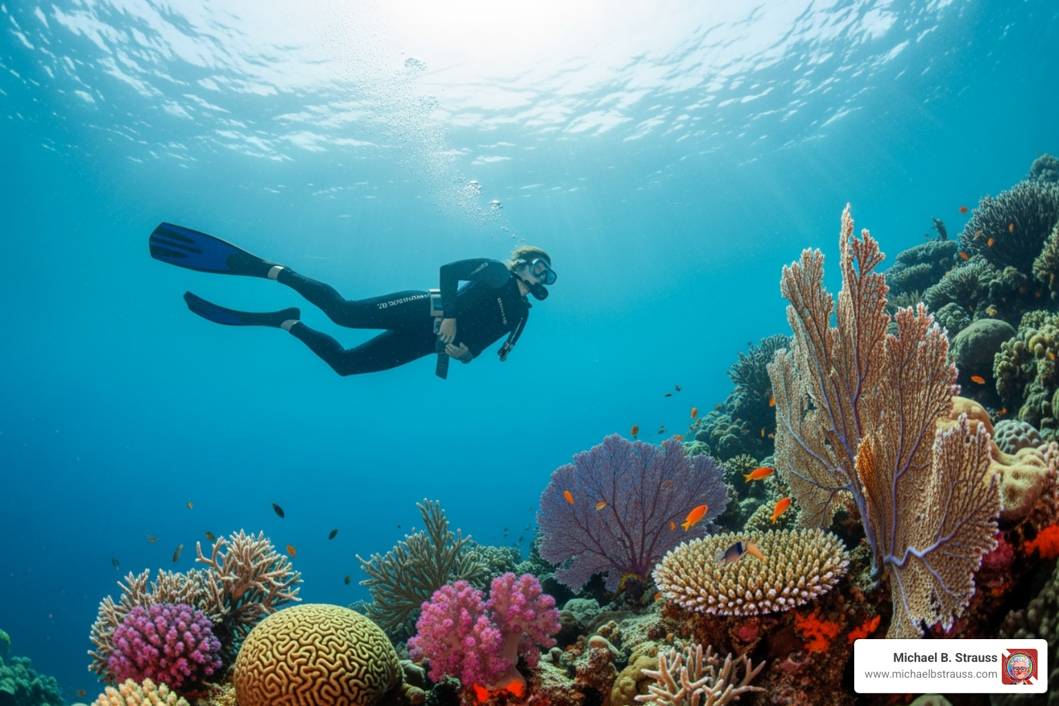 Diver practicing good buoyancy control near a coral reef - phu quoc vietnam diving