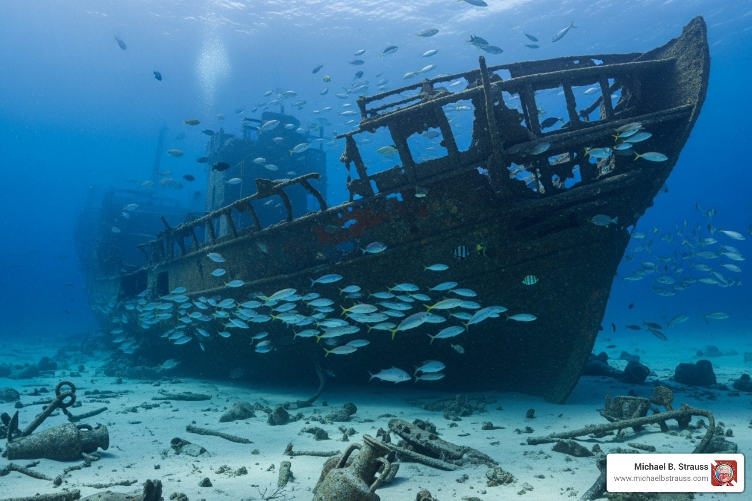 A large, haunting shipwreck resting on the deep ocean floor, with schools of fish swimming around its decaying structure - Scuba diving depth limits