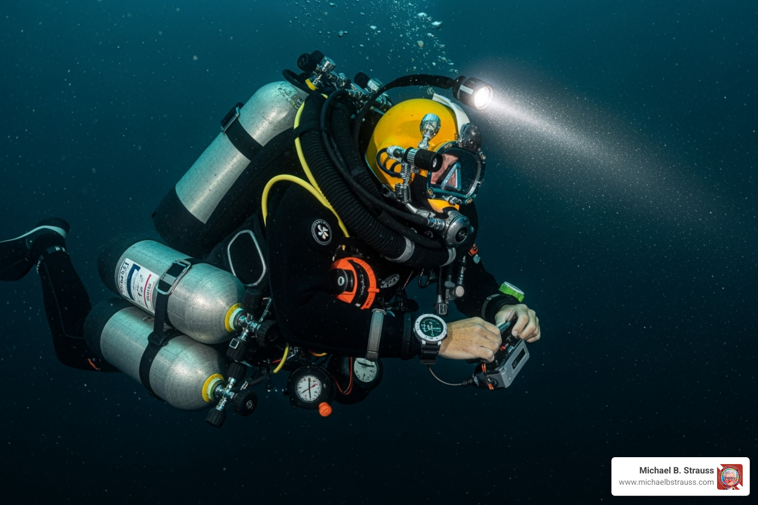 A technical diver submerged, equipped with multiple large tanks, a rebreather, and advanced diving instruments, highlighting the complexity of technical diving gear - Scuba diving depth limits