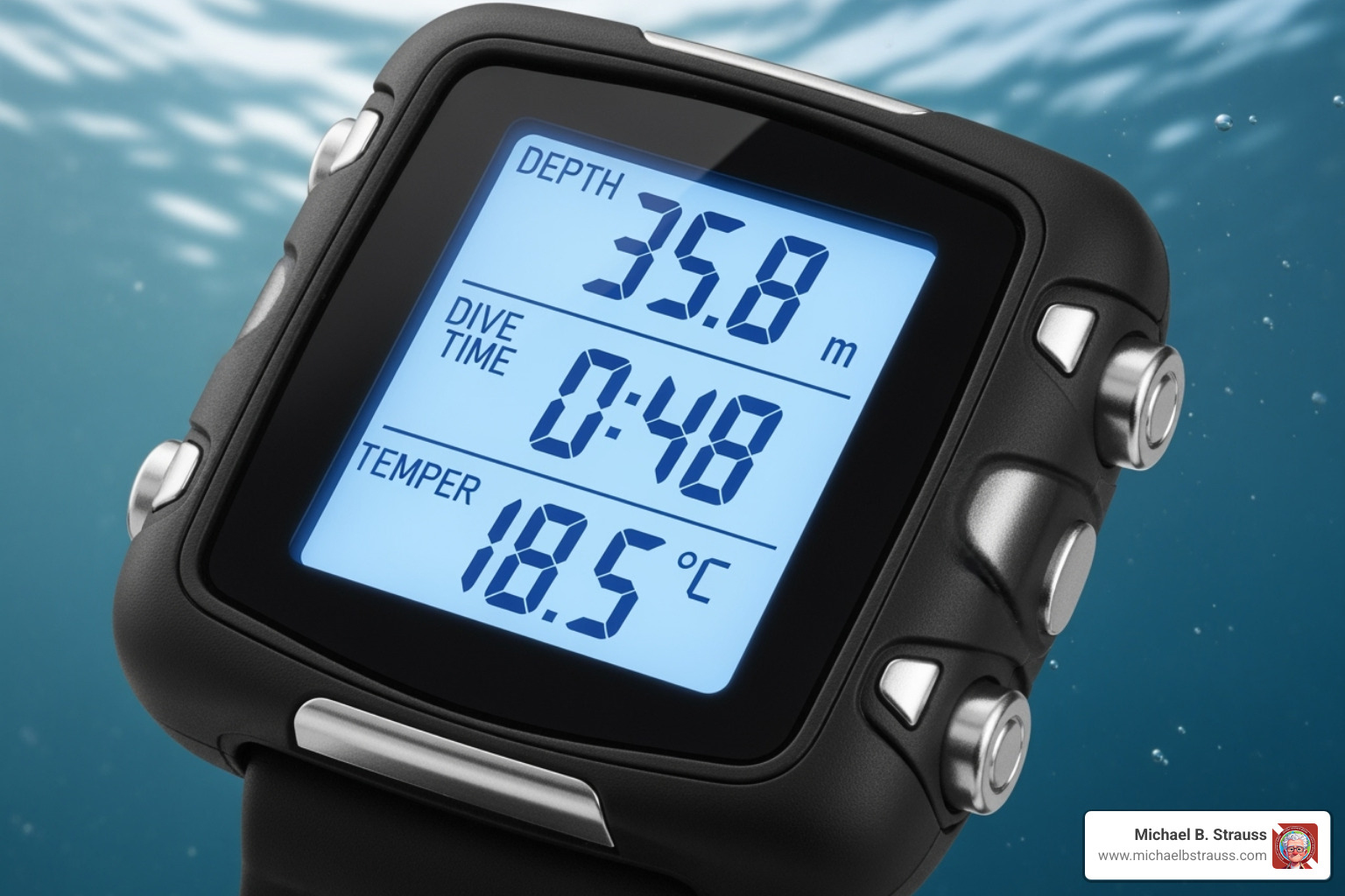 modern dive computer displaying depth, time, and temperature - effects of cold water diving