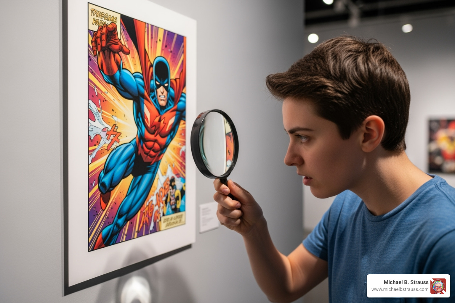 person closely inspecting a high-quality comic art print - comic art prints