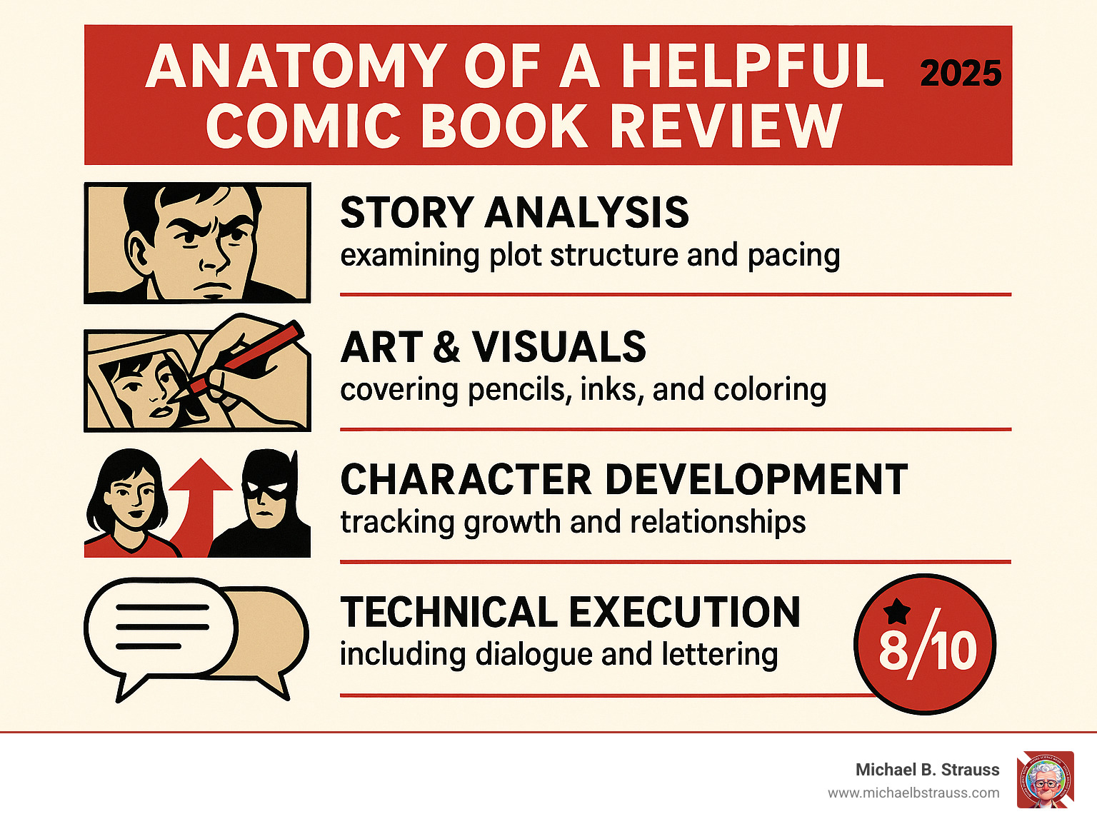 Infographic showing the anatomy of a helpful comic book review with five key elements: Story Analysis examining plot structure and pacing, Art & Visuals covering pencils inks and coloring, Character Development tracking growth and relationships, Technical Execution including dialogue and lettering, and Final Verdict with scoring and recommendations - comic book reviews infographic 