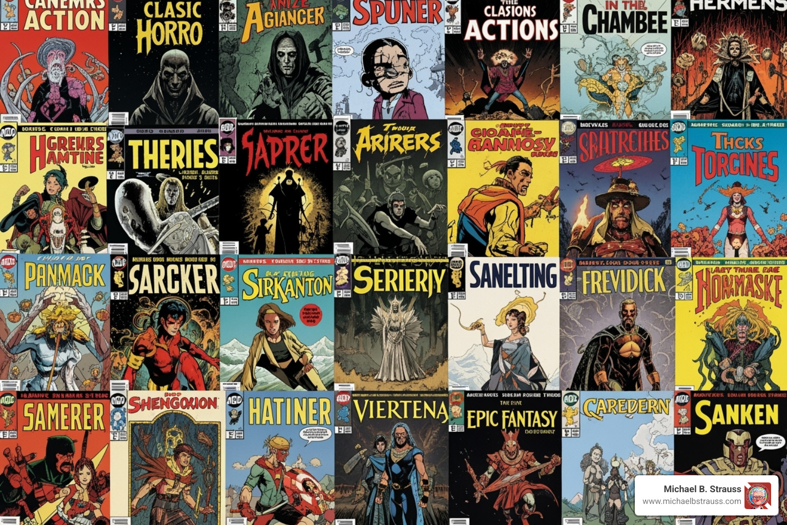 A vibrant collage of different comic book covers, showcasing a diverse range of genres including superhero, horror, sci-fi, fantasy, and independent titles, highlighting the breadth of stories available. - comic book reviews