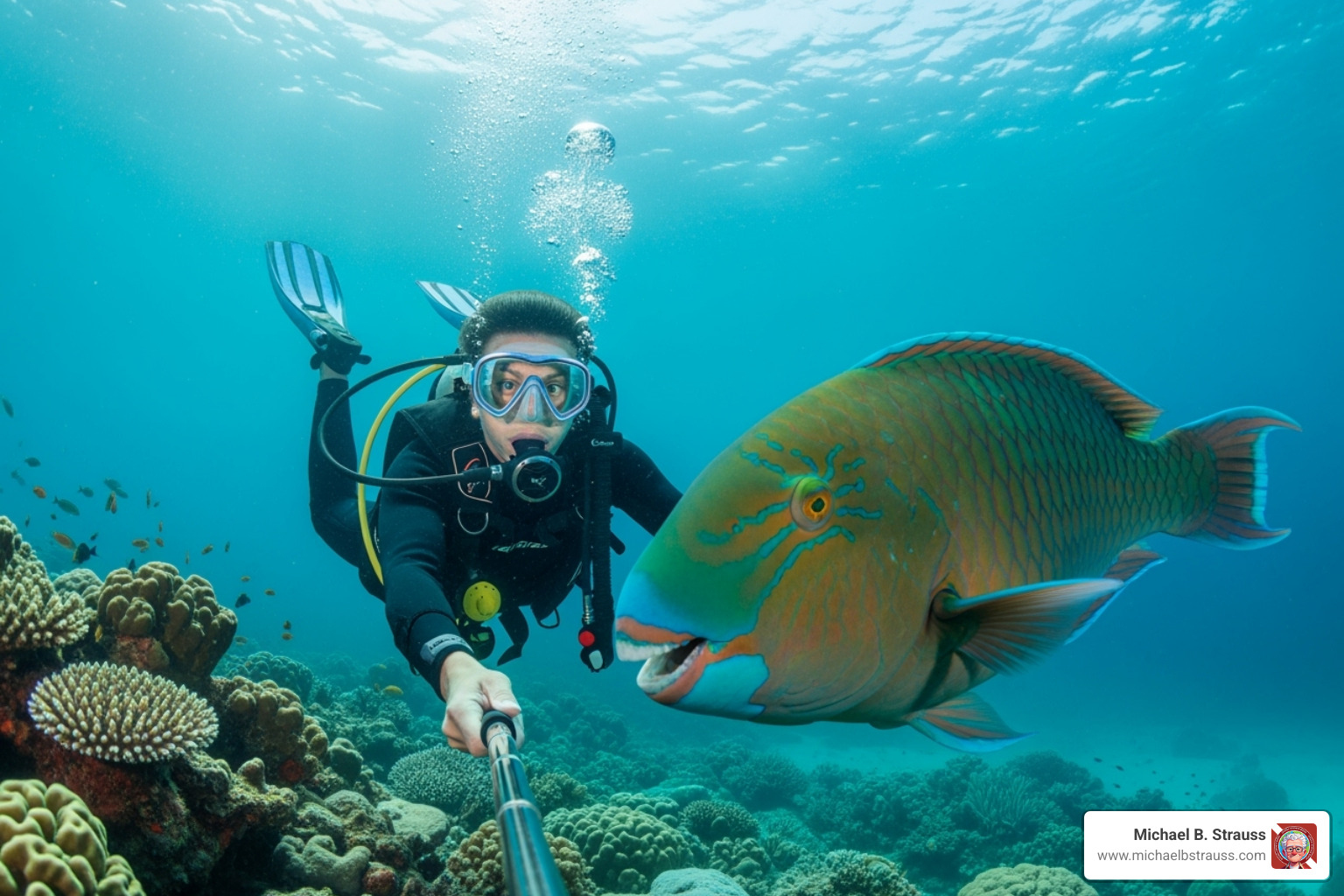 large, curious fish appearing to photobomb a diver's selfie - diving photos funny