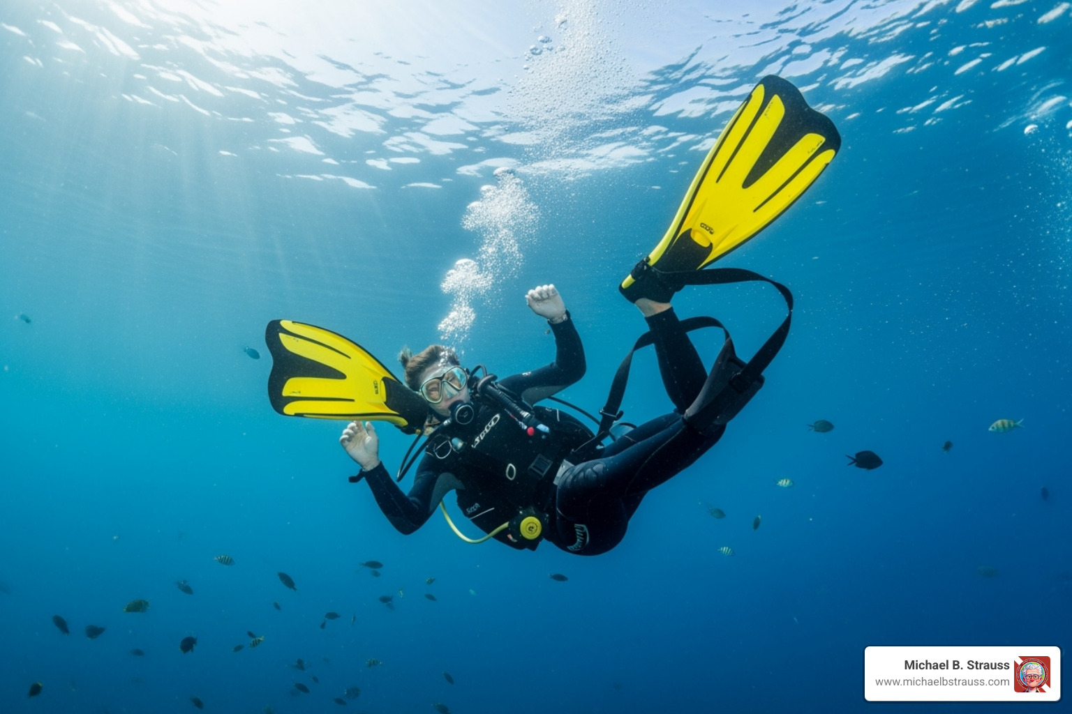 diver comically struggling with their fins or floating upside down - diving photos funny