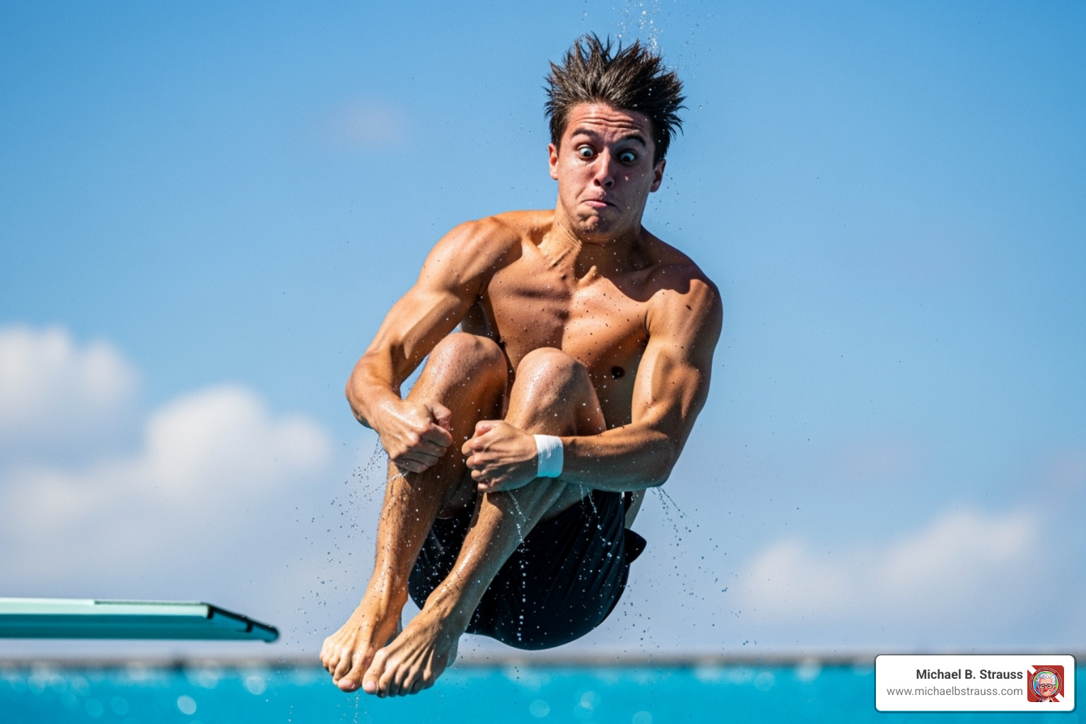 competitive diver with a hilariously contorted face mid-air - diving photos funny