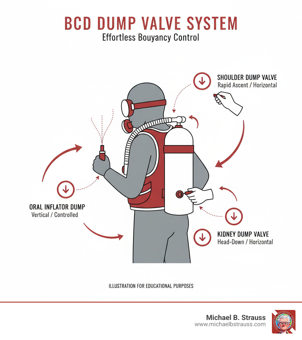 Comprehensive BCD dump valve system showing shoulder dump valve at upper right shoulder area, kidney dump valve at lower back waist level, oral inflator dump valve integrated into corrugated hose end, with arrows indicating air flow direction and diver hand positions for accessing each valve type during different diving orientations - BCD dump valve infographic 